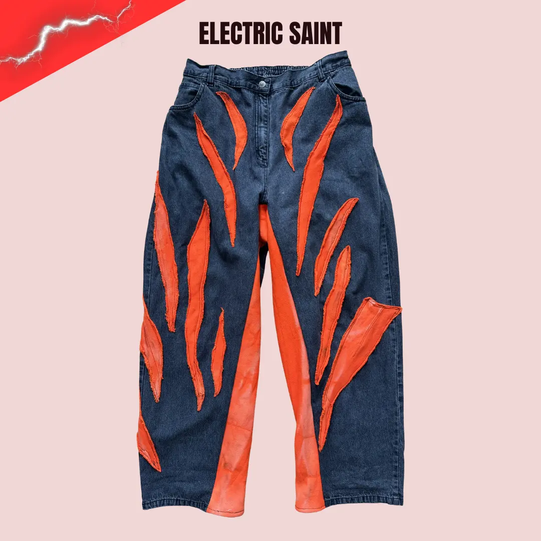 Men's Aesthetic Handmade Fashion Stripe Eye of the Tiger 32-30 Custom Denim Jeans, Flame