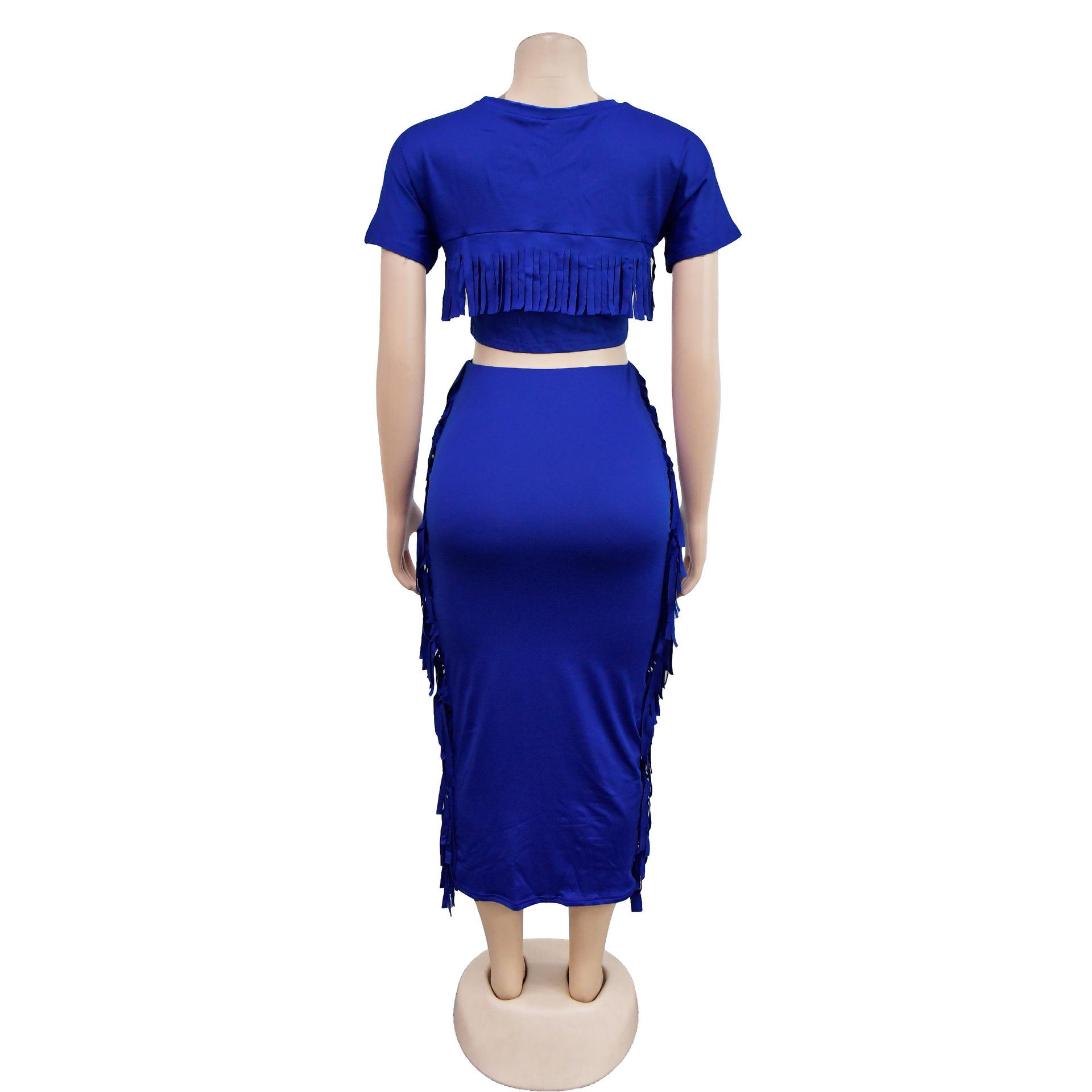 FashionableStyle Solid Color Fringe Round Neck Short Sleeve Long Dress Two-Piece Set
