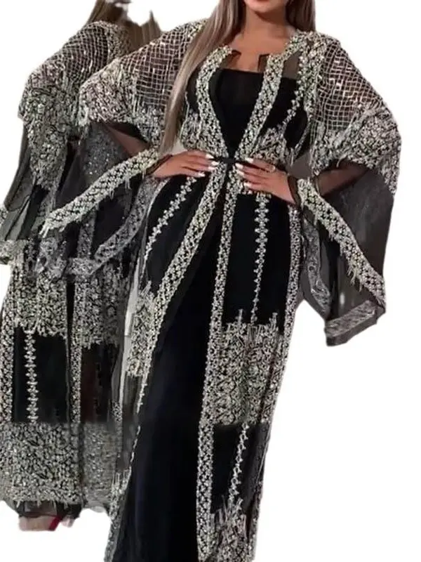 Rhinestone Embellished Sheer Mesh Flare Sleeve Open Front Kaftan Cardigan With Satin Slip Maxi Dress Evening Party Two Piece Outfit