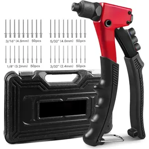 Rivet Gun with 200Pcs Rivets, Manual Rivet Gun Kit with 4 Tool-Free Interchangeable Rivet Heads, BMC Case, Heavy Duty Single Hand Riveter  Plastic, Metal, Leather