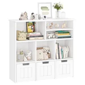 【GARVEE】White Toy Storage Cabinet with 3 Movable Drawers, 6 Cubes, Hidden Wheels - Children's Bookshelf, Bookcase, and Toy Organizer