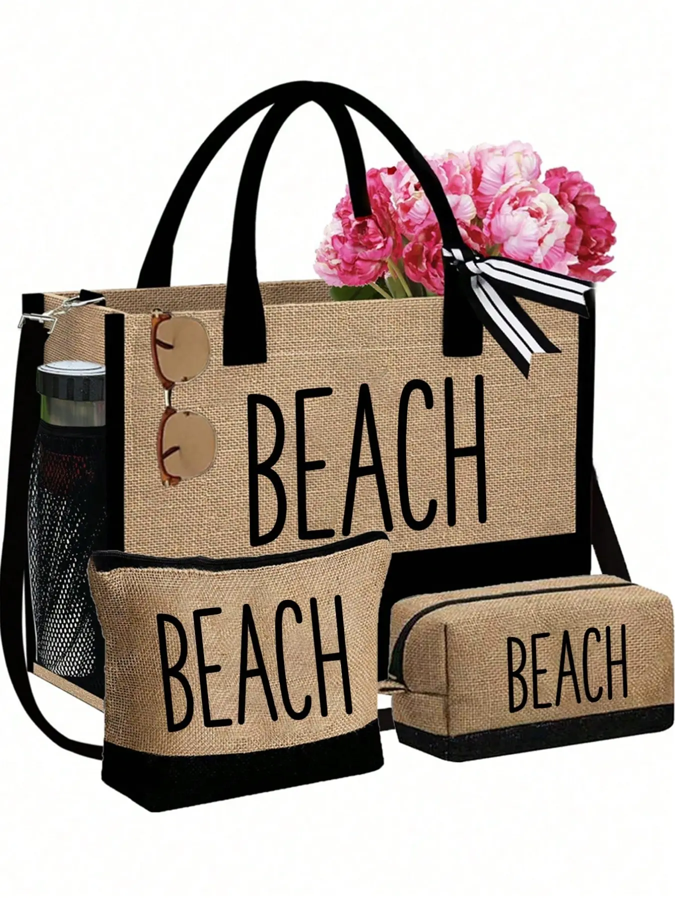 3-piece set 'Beach' letter print canvas beach bag, simple linen tote bag, reusable shopping bag, and makeup pouch wallet, vacation gift bag, large capacity, adjustable shoulder straps and side pockets, Summer Bag, perfect for vacation
