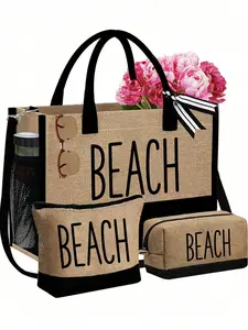 3-piece set 'Beach' letter print canvas beach bag, simple linen tote bag, reusable shopping bag, and makeup pouch wallet, vacation gift bag, large capacity, adjustable shoulder straps and side pockets, perfect for vacation