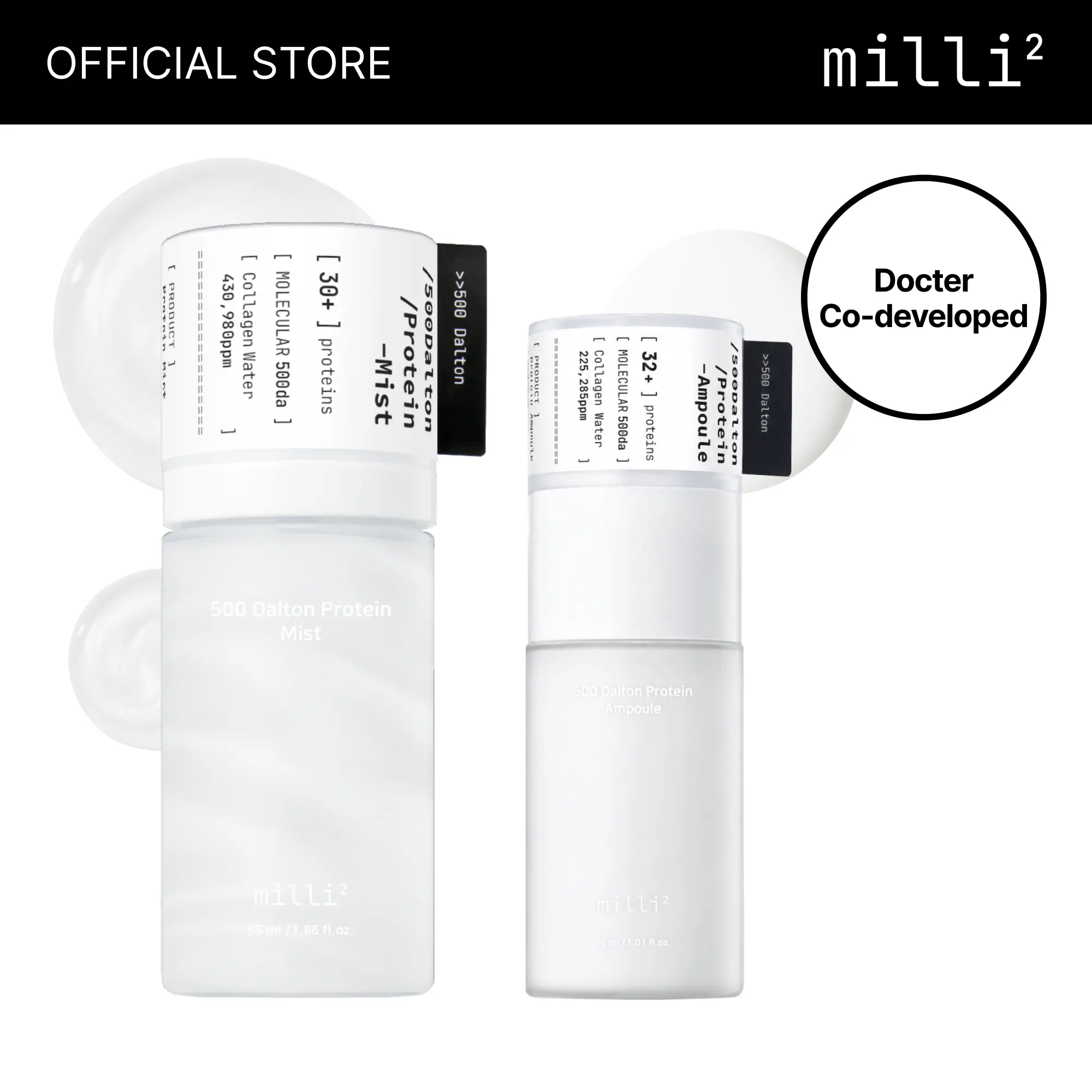 [millimilli] 500 Dalton Protein Duo — Korean Hydrating Mist + Firming Ampoule, Sub-500 Da Anti-Aging K-Beauty Set with Collagen Peptides for Dewy Lift, 1.86 + 1.01 fl.oz.