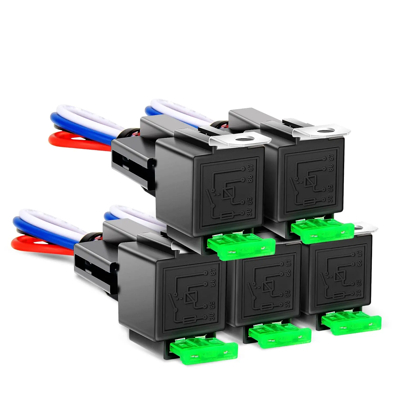 Nilight 5-Pack 30A Heavy-Duty 4-Pin SPST Relay Switch Kit, 12V Interlock Mount Harness with Built-In Fuse Socket, 14AWG Color-Labeled Wires for Automotive Load Control, Easy to Install