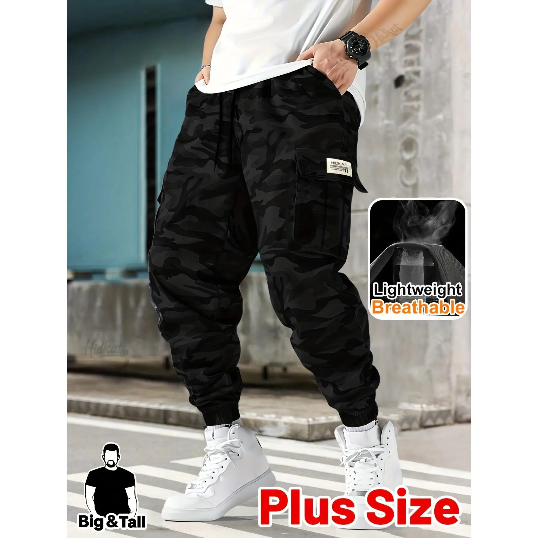 Large men's camouflage multi pocket workwear pants Tall, loose, breathable outdoor casual sports pants Multi colored camouflage drawstring elastic waist commuting pants