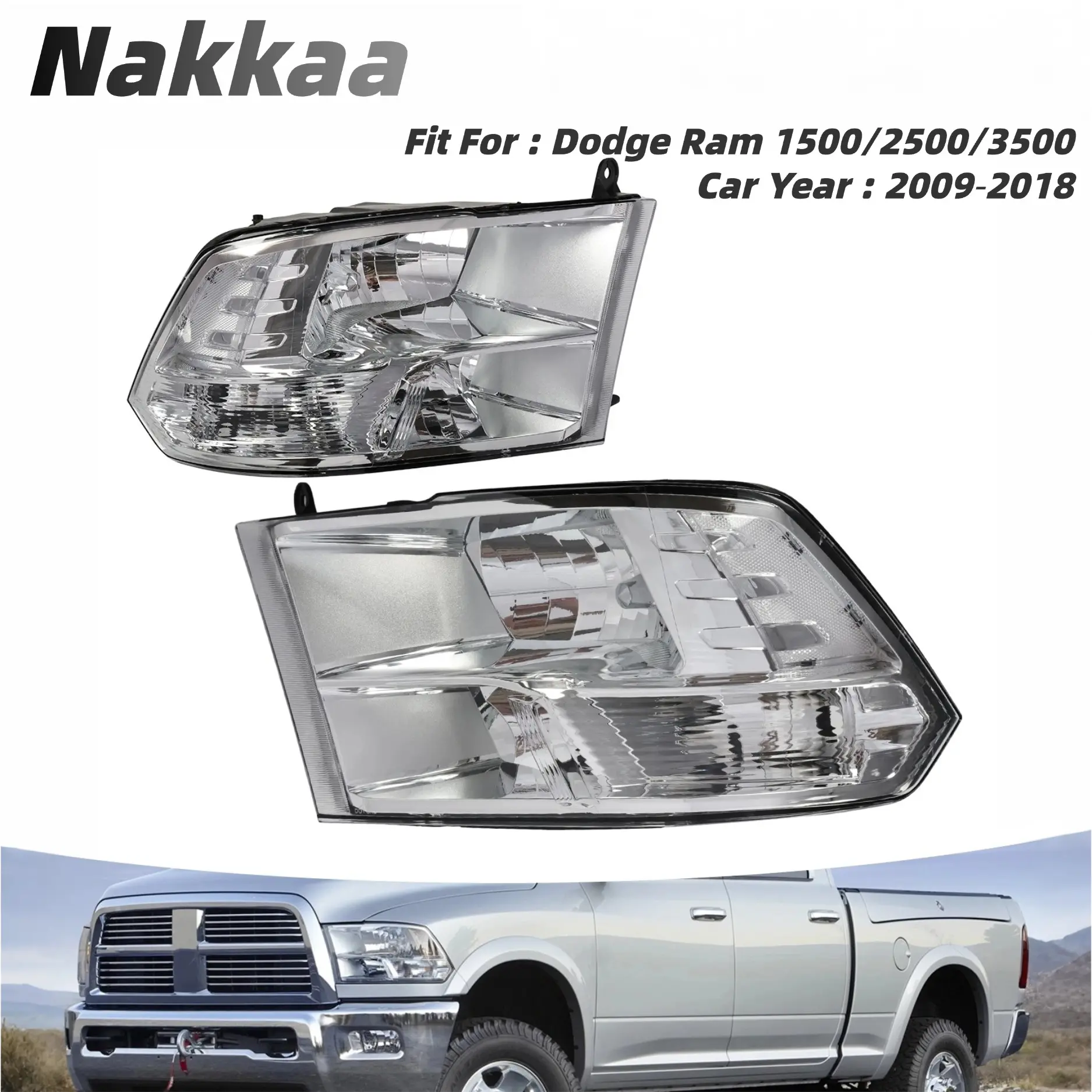 Nakkaa Halogen Headlight Assembly Pair, Direct Replacement for 2009-2018 Dodge Ram 1500/2500/3500/4500/5500 Factory Quad Headlight Models ,Chrome Housing Clear Lens,  Driver & Passenger Side