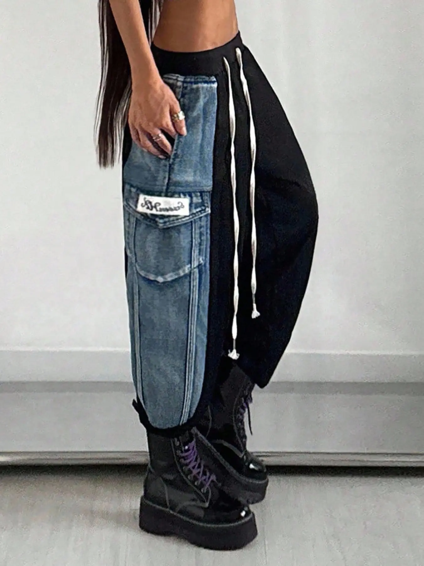 Plus Size Women's Asymmetrical Denim Patchwork Work Pants, Loose-Fitting Baggy Jeans for All Seasons, Colorblock Design, Comfortable and Stylish, Womenswear