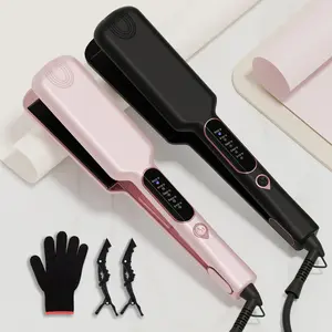 Professional Wide Titanium Flat Iron for Thick Hair & Curly Hair, 2 Inch Fast Heating Hair Straightening Styling Iron, Dual Voltage, Auto Off, with Protective Glove & 2 Clips