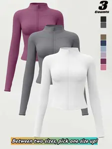 Women's High Elastic Stand Collar Thumb Hole Slim Fit Yoga Top, Breathable Long Sleeve Running Jacket, Athletic Jackets, Spring & Fall Sportswear, S-Xxxl Sizes，“Size Up for a Better Fit”