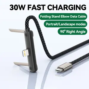 KAXOE 30W 90-degree Angled Game Charger Cable Built-in Foldable Phone Holder Fast Charging Cable USB to L for iPhone 11 12 13 14 Pro Max for iPad