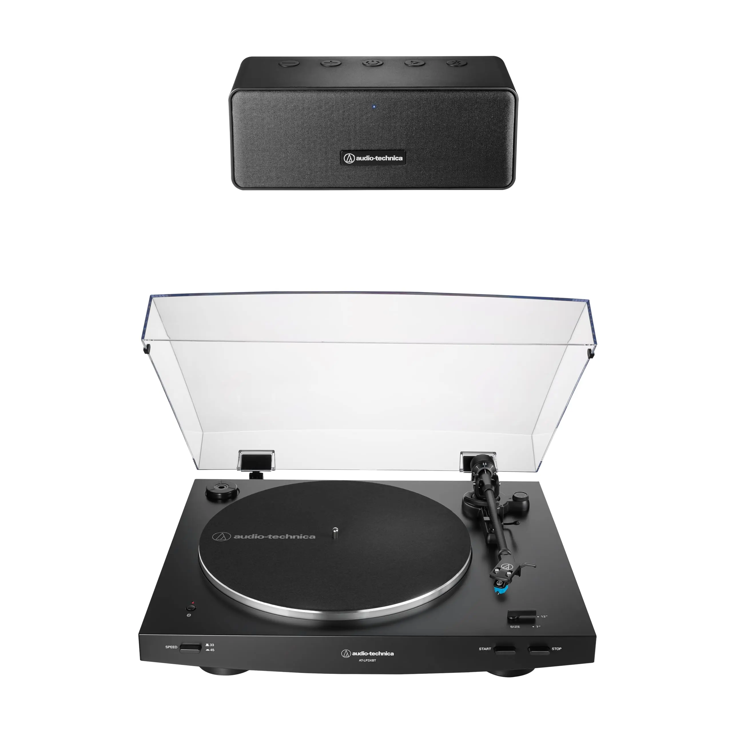 Audio-Technica ATLP3XBTBKP2 Vinyl Turntable Speaker Pack - Black, Bluetooth, Wireless, Portable Speakers, 3.5 mm Jack, Auxiliary, Bass Boost, Included Cable, for Music Players