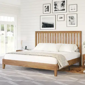 VanAcc Solid Wood Bed Frame, Mid-Century Wooden Platform Bed with Grille Headboard, Wood Slat System/No Box Spring Needed