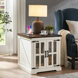 PieDle Farmhouse End Table with Charging Station,24" Large Sofa Side Table with Glass Barn Door, Rustic Wood Nightstand Bedside Table with Adjustable Storage Shelf for Living Room, Bedroom