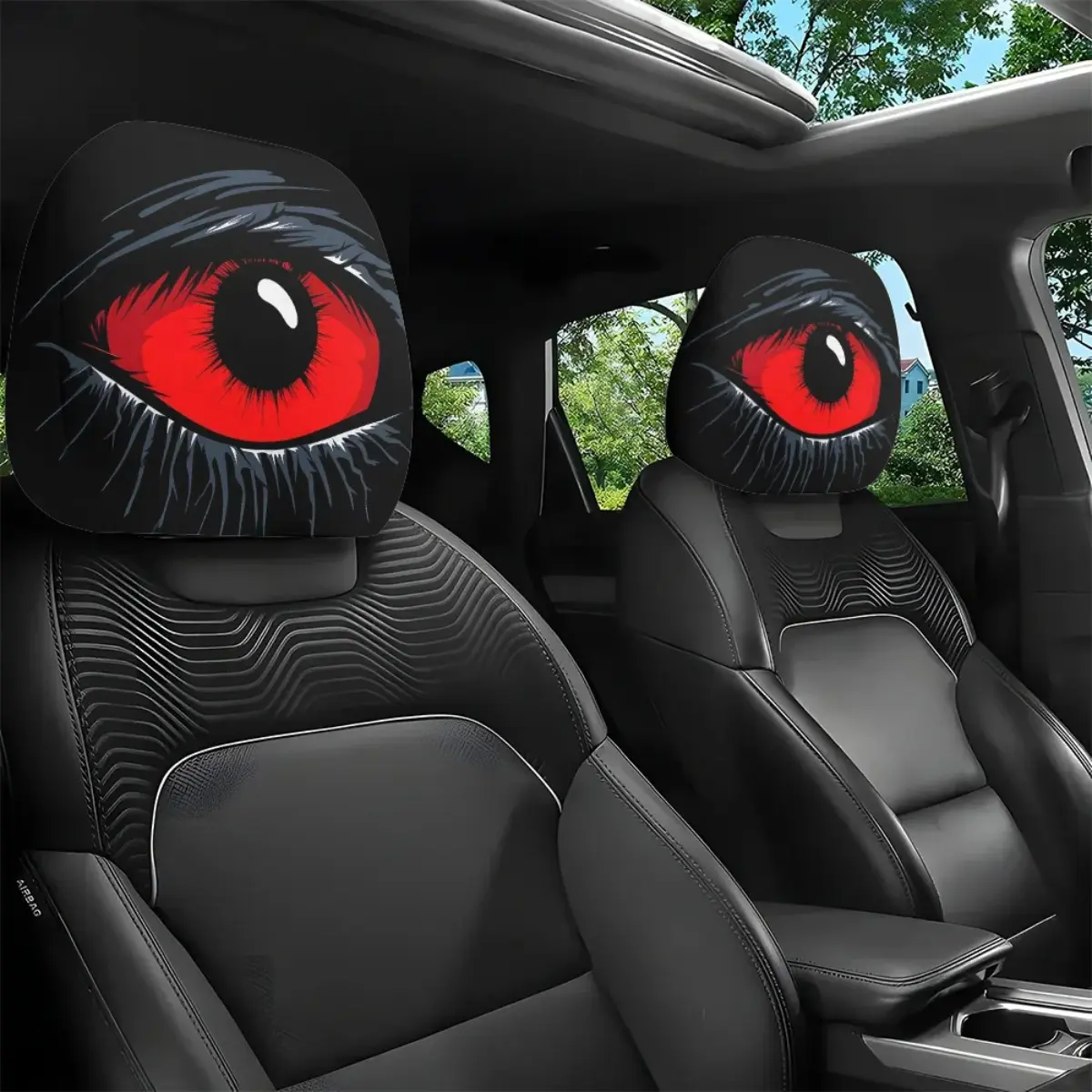 GM-Compatible 2-Pcs Red Devil's Eye Car Seat Headrest Covers - Red & Black Gothic Design, Washable Cotton Vehicle Accessories, Auto Accessories for Car fathersdaygift Car Decor backtoschool
