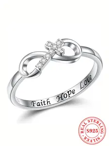 925 Sterling Silver Fashion Rhinestone Decorated Cross Motif Design Ring, Simple Design Ring for Women, for Clothing Decor, Trendy Jewelry for Gift