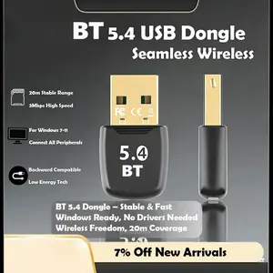 USB Bluetooth 5.4 Dongle PC Laptop Adapter with 65FT Long Distance Transmission USB3.0 High Efficiency Secure Connection Compatible with All Windows Systems 7/8.1/10/11 Supports Multi-Device Pairing for Keyboard Mouse Headphone TV Tablet Mini Portable Siz