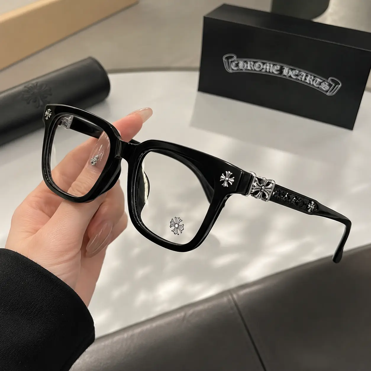 Chrome Hearts Black Frame Glasses with Engraved Floral Temples