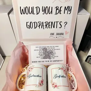 Godparents Proposal Gift Box with Mugs - 11oz Set of Floral Drinkware - Includes "Godfather" and "Godmother" Mugs - Washable