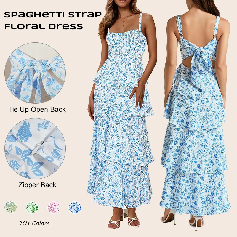 Imily Bela New Womens Floral Maxi Dresses Spaghetti Strap Casual Sleeveless Ruffle Flowy Tiered Dress Comfort Fit Summer Bohemian