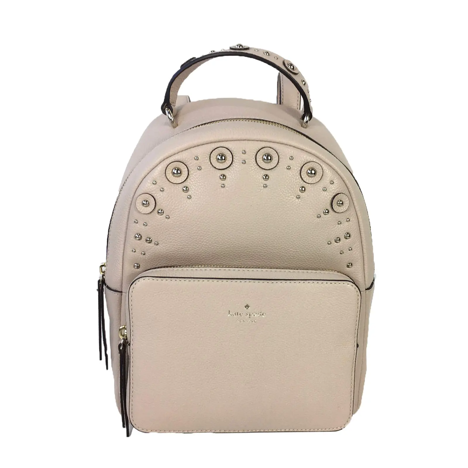 Women's Kate Spade Nicole Studded Leather Compact Backpack - Warm Beige, Texture Metal Accents, Zip Closure, Functional for Female Casual Daily Use & Travel