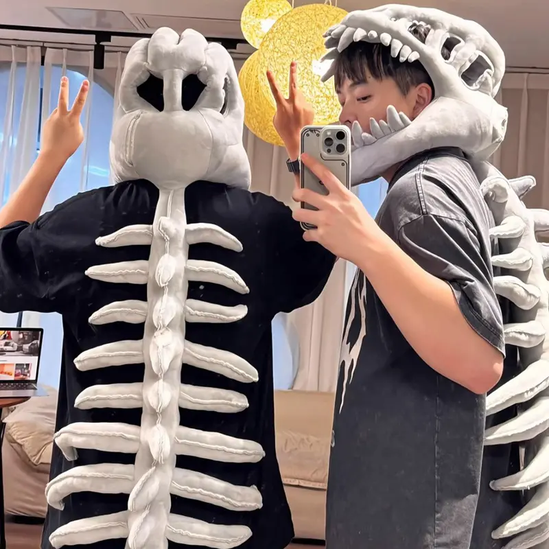 Novelty Dinosaur Skeleton Costume Pillow - Wearable Head & Back Bone Soft Decorative Cushion for Cosplay, Halloween, Party Props, Gift for Dinosaur Enthusiasts, Soft Padded Cushion