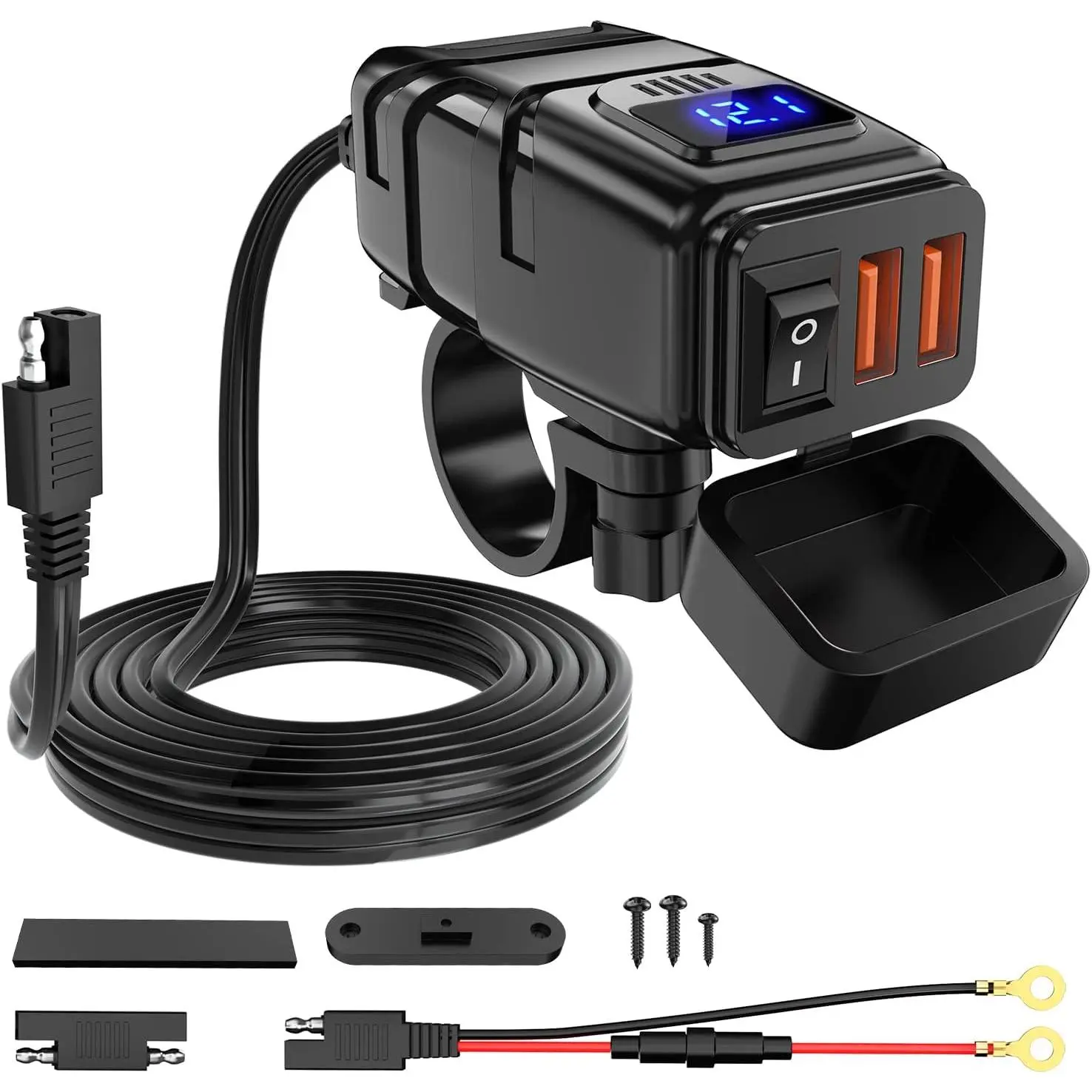 Nilight 12V Motorbike Fast Charge Phone Charger - 6.8A Dual QC3.0 Ports, 40% Faster Charging, 7/8 in Handlebar Mount Kit, SAE USB Adapter, 10A Fuse Safety, Waterproof Cap, ABS Plastic, On/Off Power Save Switch, Voltmeter, 5V/3.4A Output, ATV Accessories