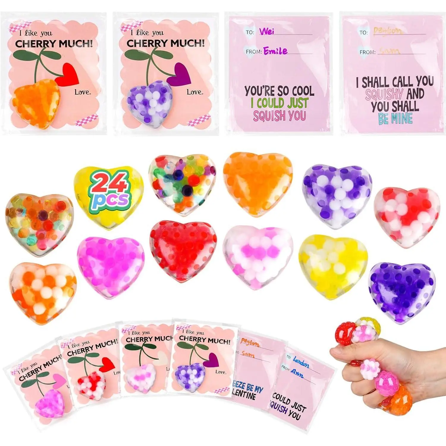 24PCS Valentines Squishies,Valentines Cards with Squishy Fidget Heart Stress Ball Toys,Valentines Day Gifts,Bulk Valentines Gift Exchange for Adults
