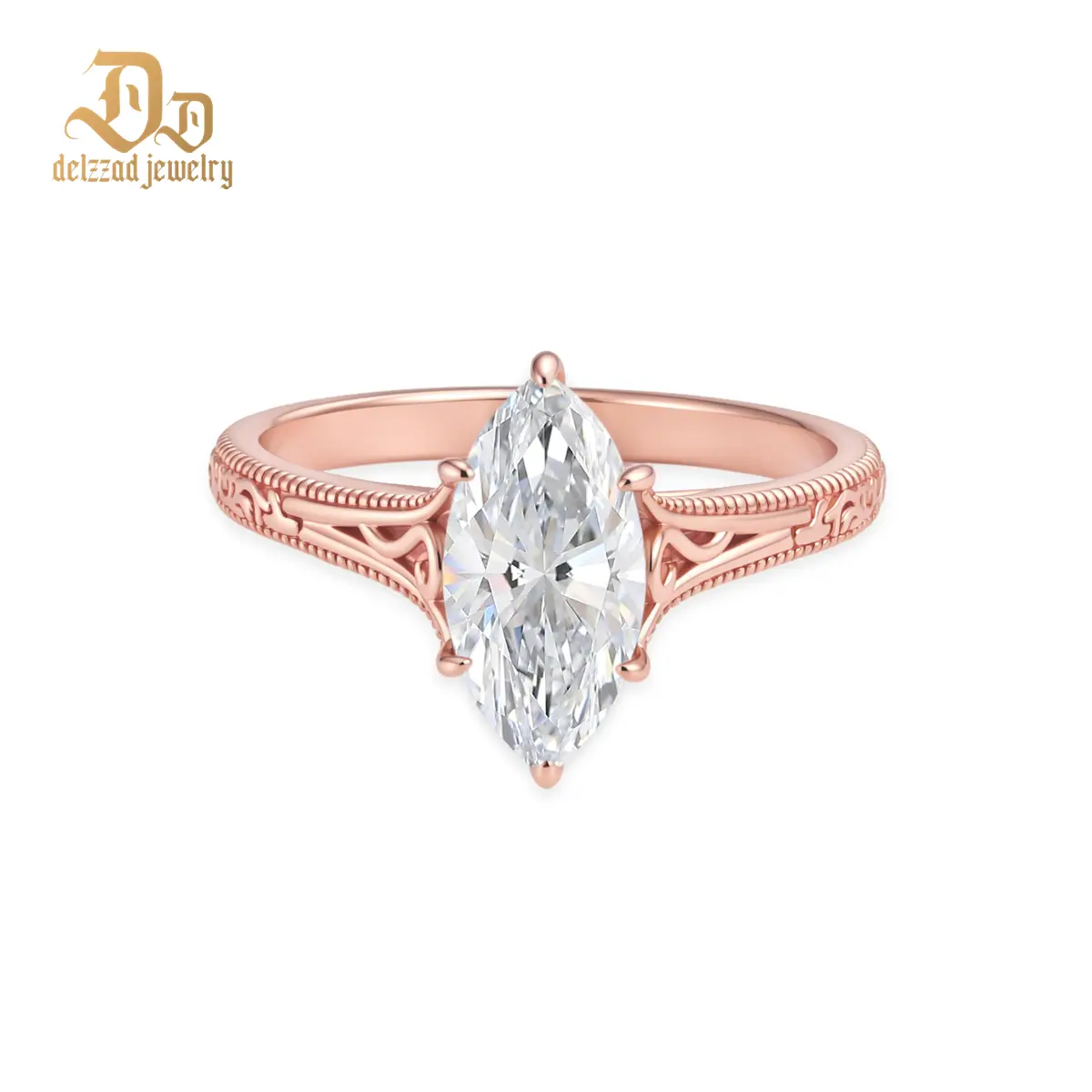 Delzzad 2ct The Duchess Ring Vintage Solitaire Filigree Wedding Ring Marquise Cut Synthetic Moissanite Ring Jewelry S925 Sterling Silver Band Perfect Birthday Engagement Wedding Anniversary Christmas Gift
