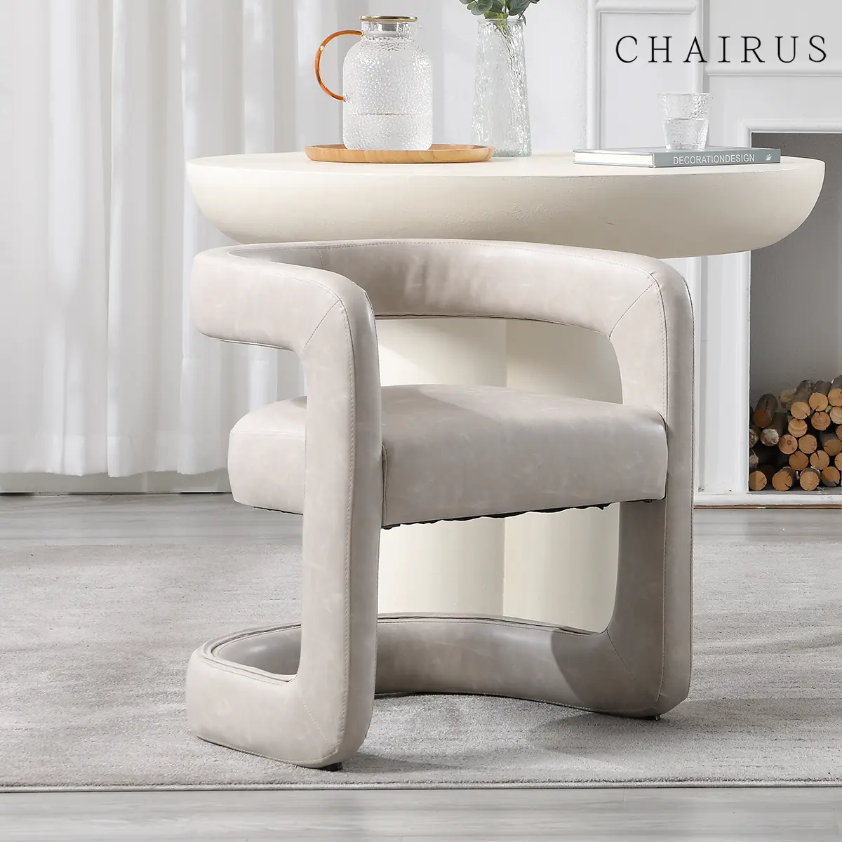 CHAIRUS Modern Upholstered Bubble-Shaped Lounge Dining Chair - Faux Leather Armrest Comfi Accent Vanity Chair with Open Back, Minimalist Furniture for Dining Room, Living Room - Grey Home Decor Fathersday Gift, Lounge Dining Chairs