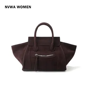 The Espresso Winged Tote - Minimalist Trapeze Handbag Premium Faux Suede with Front Zipper Pocket for Everyday Office Commute