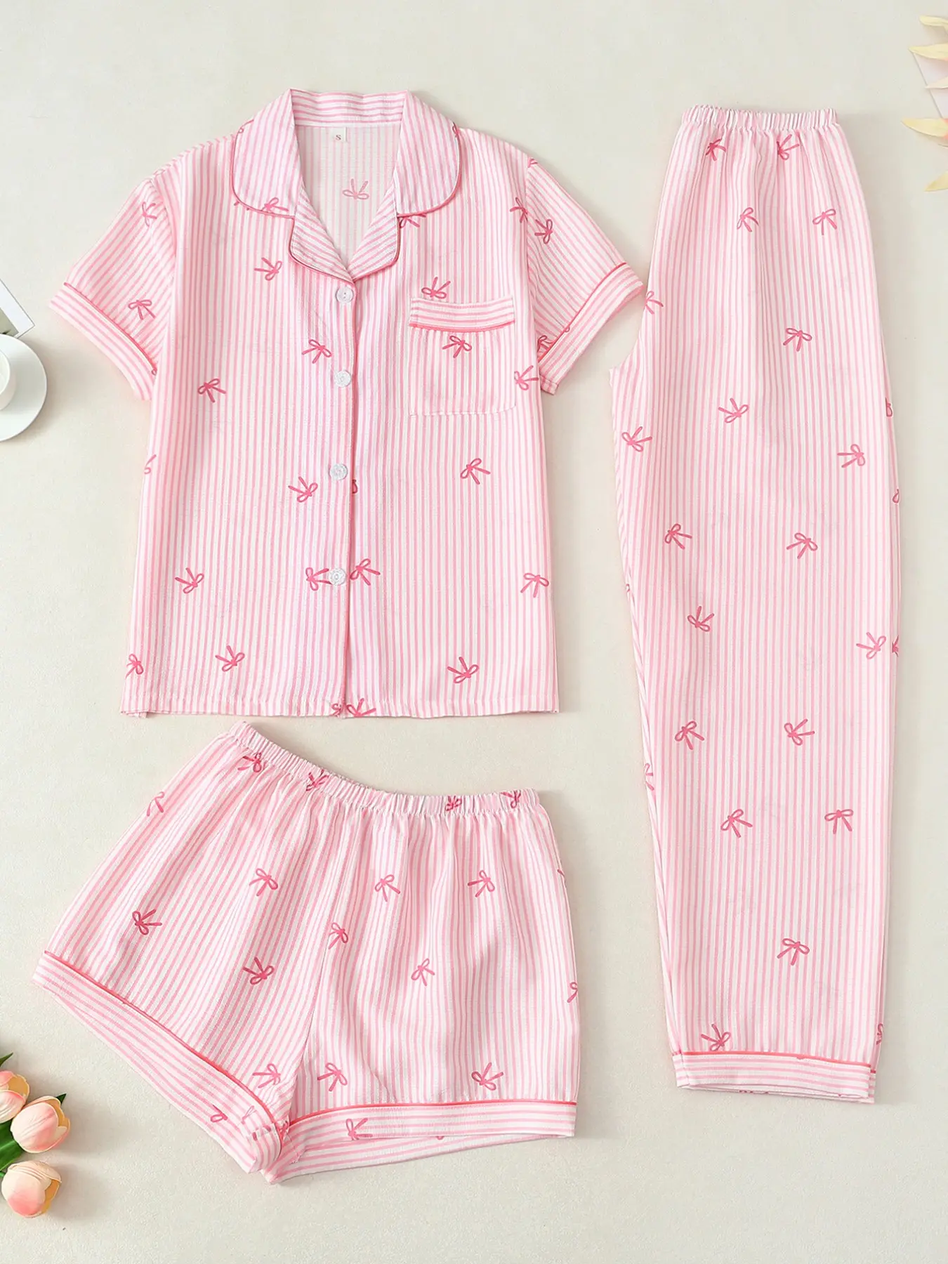 Women's Sleepwear and Loungewear Set, Short-Sleeve Cardigan Top with Shorts and Pants, Striped Bow Print, Casual Fit All-Season Pajama Set