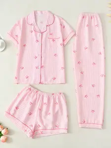 Women's Sleepwear Set, Short Sleeve Cardigan Top + Shorts + Pants, Striped Bow Print, Casual Fitted, All Seasons, Pajama Set