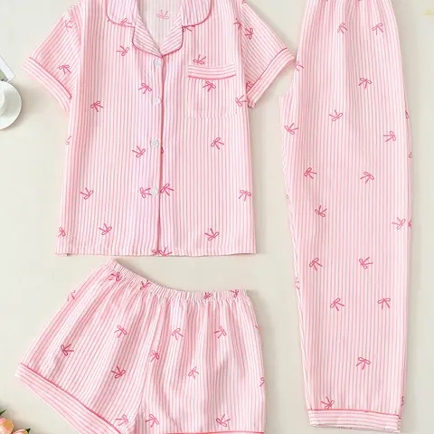 Three Piece Women's Pajama Set, Short Sleeve Cardigan Top + Shorts + Long Pants, All over Print, Striped, Heart, Cherry, Bow Design, Casual Sleepwear