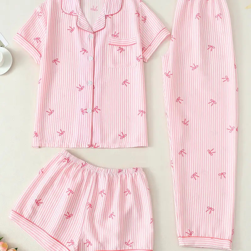 Three Piece Women's Pajama Set, Short Sleeve Cardigan Top + Shorts + Long Pants, All over Print, Striped, Heart, Cherry, Bow Design, Casual Sleepwear