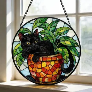 Black Cat Stained Acrylic Suncatcher, Botanical Cat Glass Decor, Round Cat Stained Acrylic , Decor Gift for Cat Lovers Mom Friend