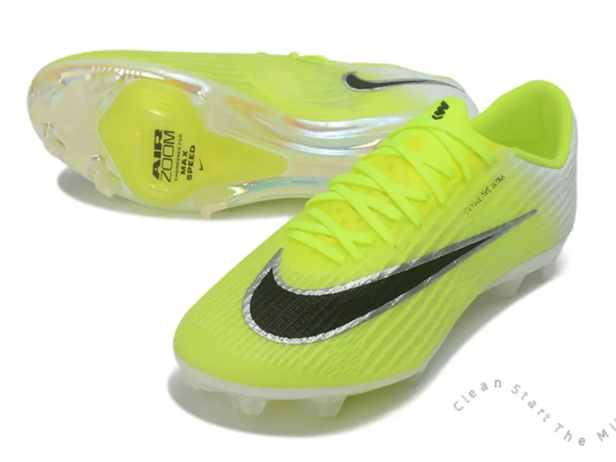 Silver Black Curved Graphic Neon Yellow Stretch Knit Low Top Firm Ground Soccer Cleats, Iridescent Clear Cushion Stud Outsole Unisex Professional Footwear for Grass Match Training Sports