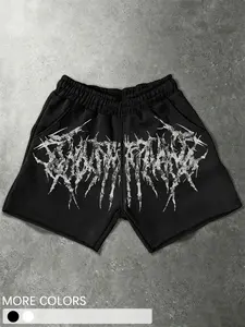 1 Pair Gothic Print Drawstring Sweat Shorts, Black Streetwear Casual Shorts, For Gym, Daily, Punk Outfits