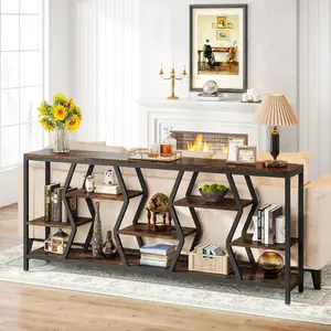 LITTLE TREE 70.9 Inches Sofa Console Table with 4 Tier Wood Storage Shelves, Industrial Extra Long Narrow Entryway Accent Tables for Hallway, Living Room, Foyer