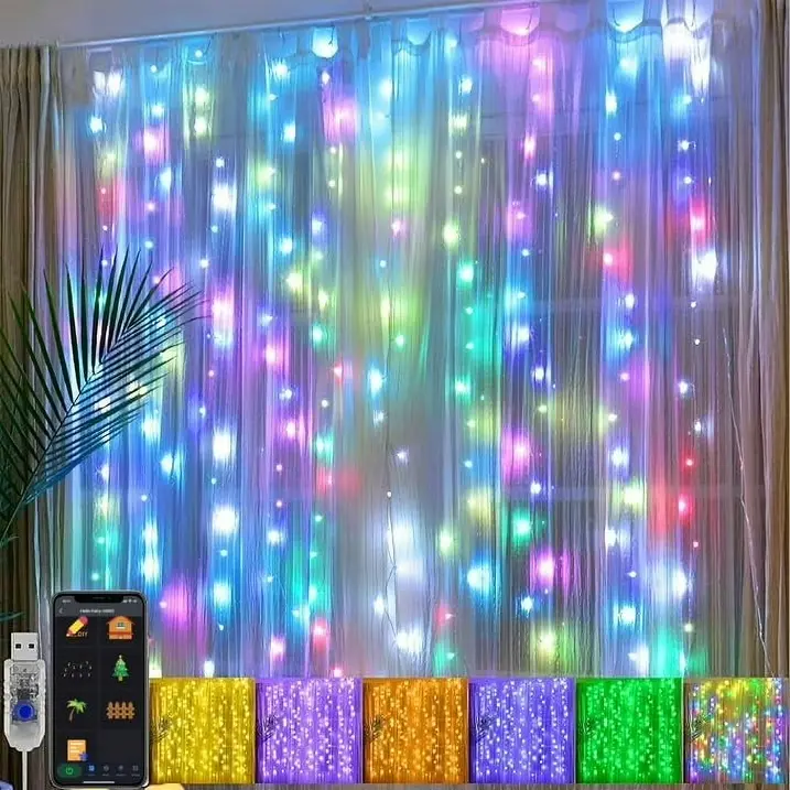Smart Curtain String Lights Set - 96-LED 3x5 FT Multicolor Waterproof LED Mood Light, App Control, Remote Control, Dynamic Music, Timer Functions, Linkable DIY Holiday Party Backdrop Decor