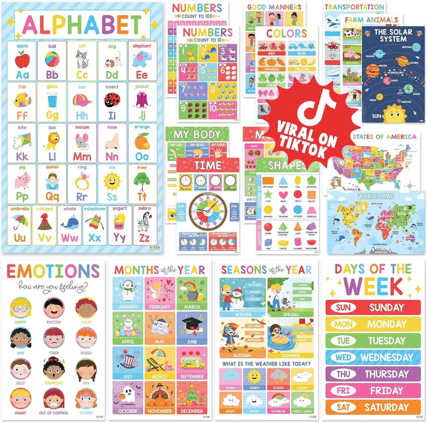 18 Laminated Educational Posters For Toddlers, Preschool Posters for Classroom, Kindergarten Wall Decor, PreK Learning Materials Alphabet Number Chart, Must Haves for Teachers, Mother’s Day Gift