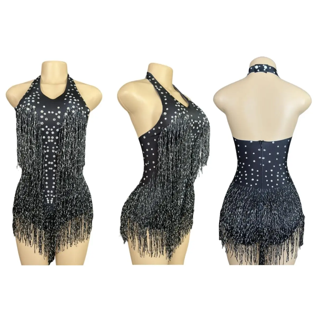 Sparkly Rhinestones Fringe Bodysuit WomenVightclub Party Dance Costume Stage Wear SexyTassel Leotard Performance Clothing  7G