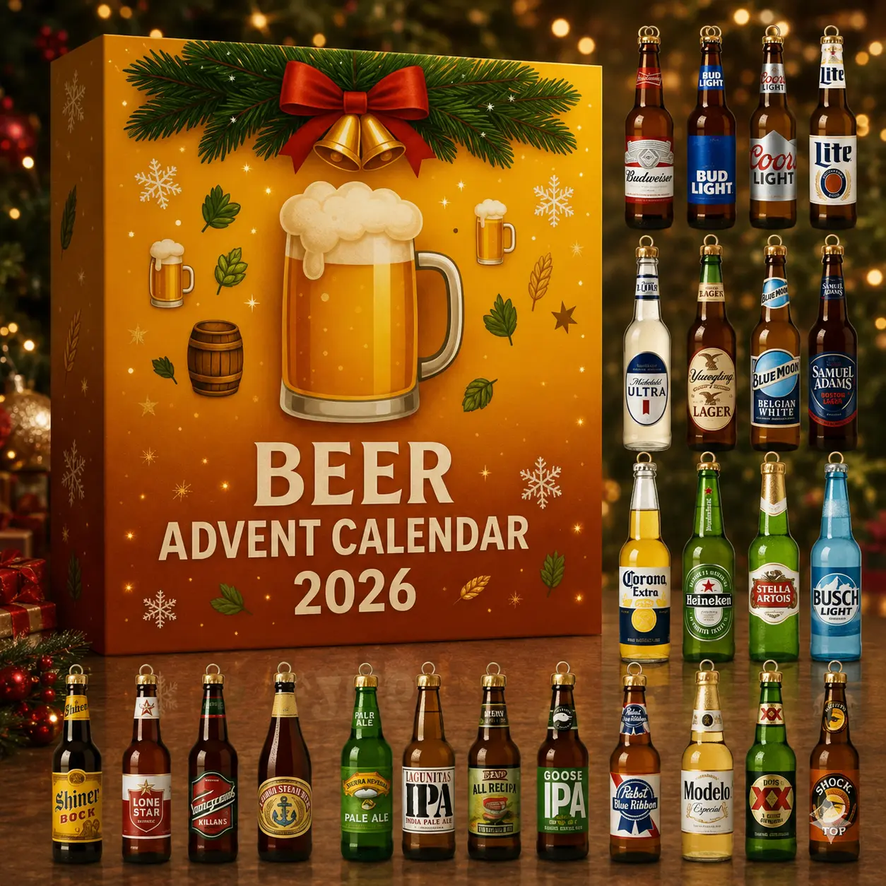 Beer Bottle Theme Advent Calendar 2026 | 24 Days Halloween & Christmas 2D Acrylic Flat Ornaments | Holiday Gift for Men