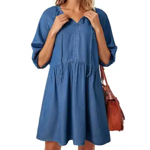 Dokotoo Summer Dresses for Women 2026 Casual Spring Puff Short Sleeve Babydoll Denim Dress Womens Ladies Cute V Neck Fashion Outfits Mini Jean Dresses