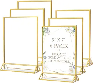 MaxGear 5x7 Gold Acrylic Sign Holder 6 Pack, Gold Table Number Holders, Mini Frames Double Sided Acrylic Picture Frames Photo Stand, Clear Menu Flyer Stand for Wedding, Home, Restaurant