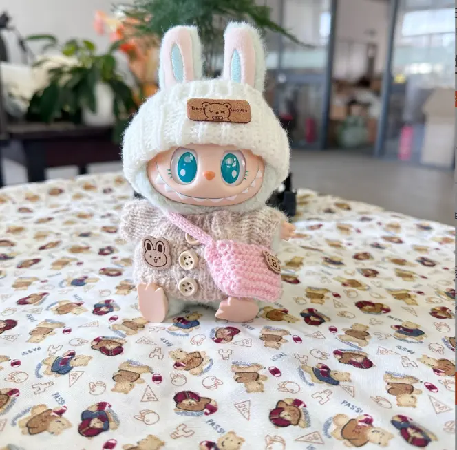 Labubu clothes, breasted white bear logo hat,  khaki double-stitched sweater, pink backpack
