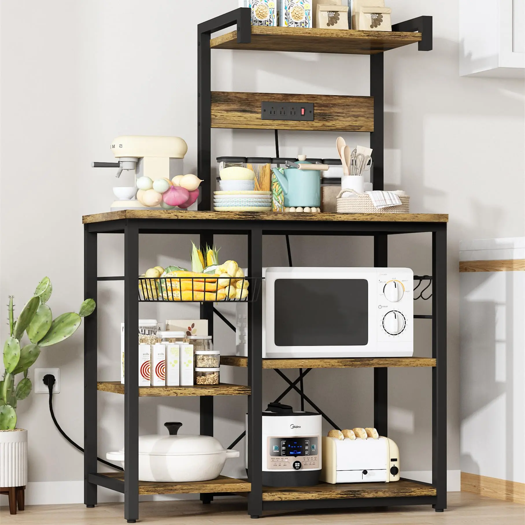 Lamerge Bakers Racks for Kitchens with 5 Hooks, Microwave Stand with Power Outlet, and Rustic Brown Storage Rack, Kitchen Storage Cabinet Minimal Aesthetic Design Interior Shelf Modern bookshelf floating shelves shelves Home Organize homeessentials