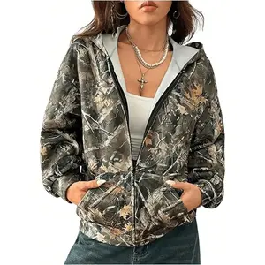 Women’s regular-fit retro camouflage leaf-print hoodie, a fashionable casual sports jacket for spring outdoor activities; fashionable women’s coat GARMENTARY