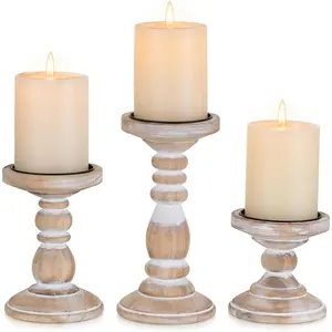 3Pcs Rustic White Distressed Wooden Farmhouse Large Pillar Candle Holders for Fireplace Table