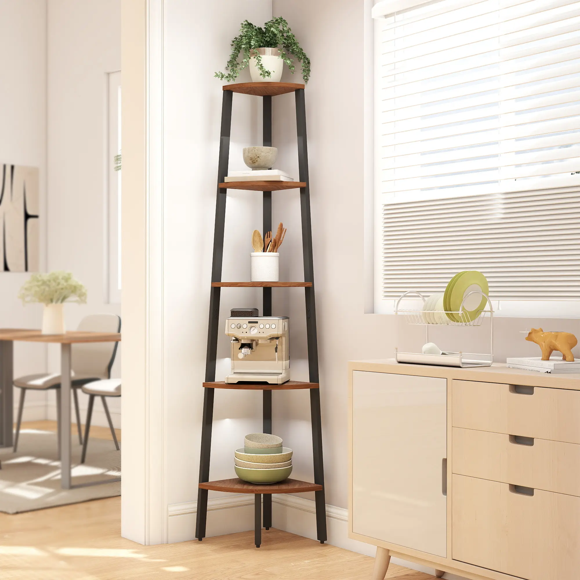 Corner Bookshelf, Space Saving Ladder Bookcase Tower, 4 or 5 Tier Options, Steel Frame, Modern Farmhouse Design, Lots of Storage summergarden